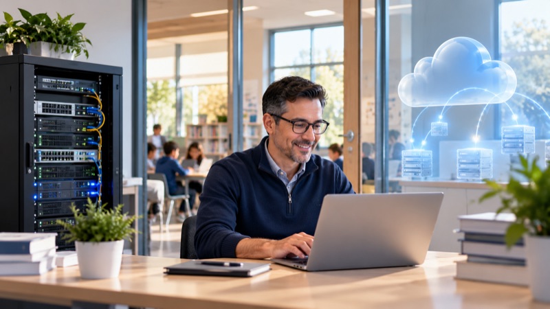 A school IT coordinator works on a laptop between an on-site server rack and an illustration of cloud servers, with a classroom behind the glass.